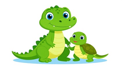 Fototapeta premium Friendly green alligator holds hands with a cute little turtle