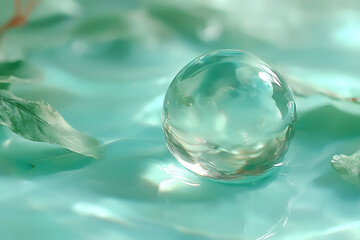 Ethereal Orb: A captivating crystal-clear water droplet is placed at the center, delicately perched upon a serene, turquoise plane, mirroring the tranquility and purity of the environment