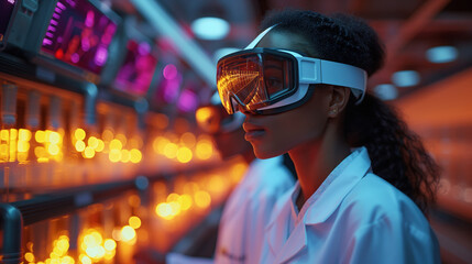 Focused young woman futuristic lab, wearing VR glasses safety goggles interacts high-tech interface modern laboratory environment.