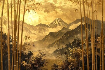 竹と山を描いた真鍮レリーフ