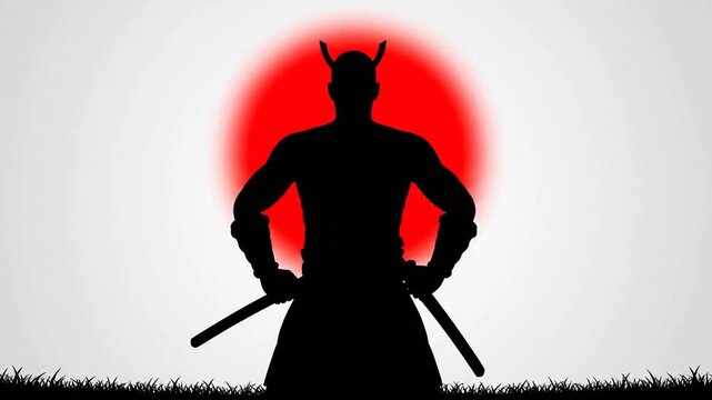 Dynamic Samurai Warrior Silhouette Transformation with Japanese Sun and Grass Field