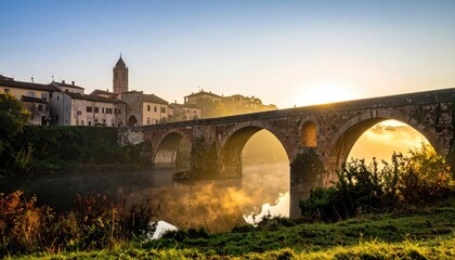 Fototapeta premium Historic stone arched bridge crossing a misty river at sunrise with old town buildings and tower in the background bathed in golden sunlight and natural light.
