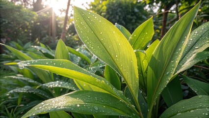 Obraz premium Ginger Leaves with Water Droplets in the Bright Sunlight