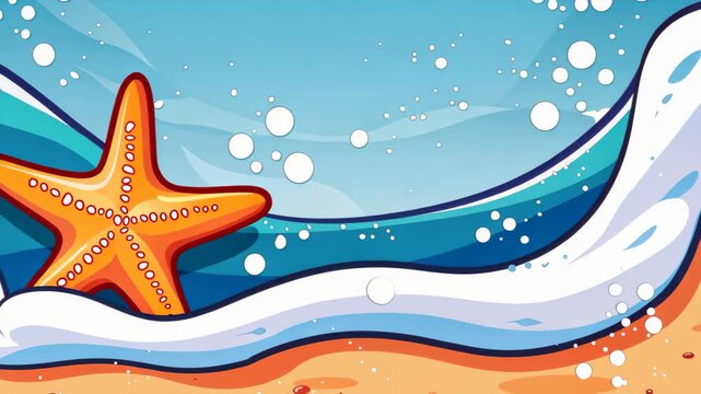 Starfish by the Waves: A bright starfish lies on the sand as a gentle wave crashes in the background, a playful depiction of beach life and oceanic serenity. 