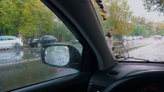 Driver pauses amid rainy street scenery, Rainsoaked mirror shows parked cars beneath leafy canopy