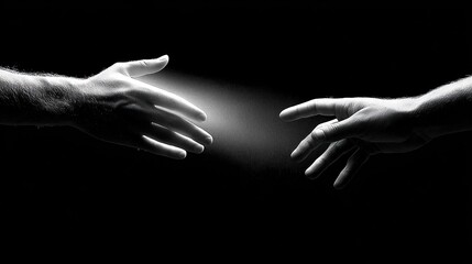 Two hands reach toward each other, illuminated against a stark black background