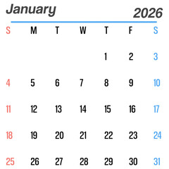 January 2026 Printable Monthly Calendar Template, happy new year calender, vector illustration