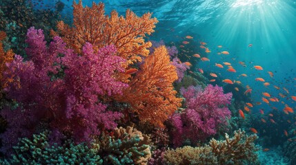 Vibrant coral reef scene with colorful soft corals and a school of small orange fish
