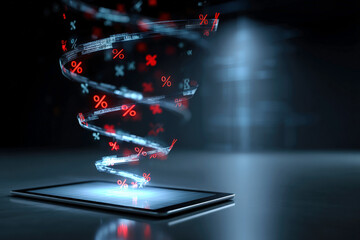 Digital Tablet Projecting Holographic Percentage Symbols in Spiral Formation Technology Finance Concept