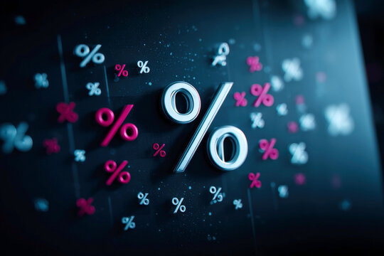 Floating Percentage Symbols with Large Chrome Percent Sign on Dark Blue Background Finance Concept