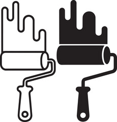 Two paint rollers, one outlined and one solid black, with dripping paint