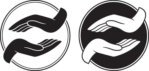 Two stylized hands in black and white circles, symbolizing care and support