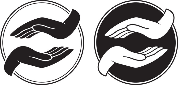 Two stylized hands in black and white circles, symbolizing care and support