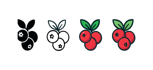 Vector icon cranberry autumn same pose same proportions four styles black solid glyph outline minimal flat multicolor filled cartoon flat shaded.