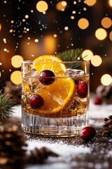 festive holiday beverage, festive sparkling cocktail decorated with berries and luminous decorations, celebratory sweet beverage featuring shimmering decorations and luminous golden ambiance