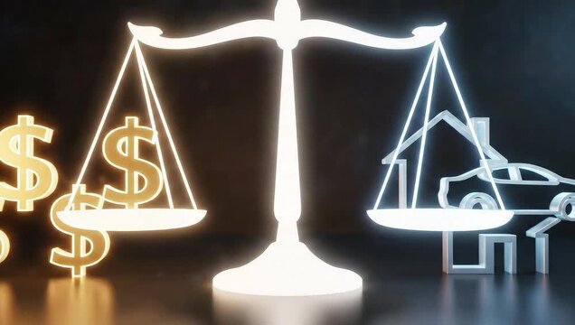 Financial Balance: A conceptual depiction of a scale, with the dollar sign balancing the house and car symbols, illustrating financial decisions and balance.
