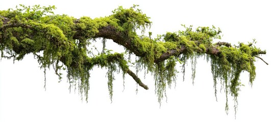 Lush green moss heavily covers a long, gnarled, horizontal tree branch, isolated against a white background