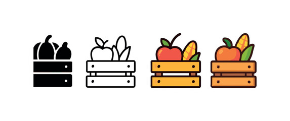 Vector icon autumn harvest crate same pose same proportions four styles black solid glyph outline minimal flat multicolor filled cartoon flat shaded.