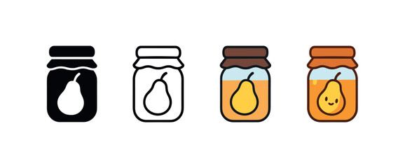Vector icon pear compote jar autumn same pose same proportions four styles black solid glyph outline minimal flat multicolor filled cartoon flat shaded.