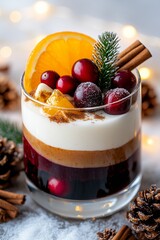 festive holiday cocktail, creamy seasonal drink with fruits, decorative layered beverage with orange and cranberries, rich multilayered seasonal cocktail featuring spices and festive garnishes