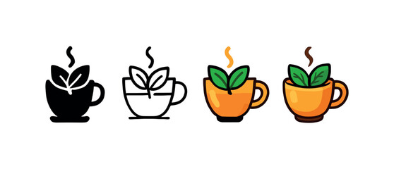 Vector icon mint tea autumn same pose same proportions four styles black solid glyph outline minimal flat multicolor filled cartoon flat shaded.