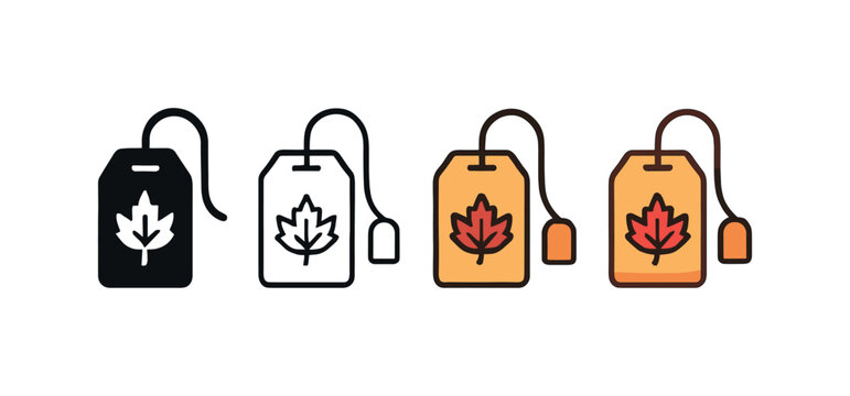 Vector icon herbal tea bag autumn same pose same proportions four styles black solid glyph outline minimal flat multicolor filled cartoon flat shaded.