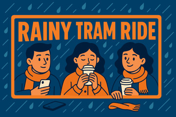 Rainy tram ride banner flat vector illustration bold oversized text inside rectangular frame cartoon characters pressing the banner like window and sipping coffee smartphones and scarves.