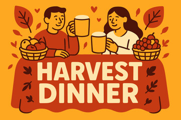 Golden harvest dinner banner flat vector illustration bold oversized text inside rounded blob cartoon characters sitting at table where banner is the tablecloth mugs and baskets of fruit.