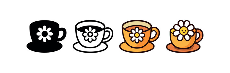 Vector icon chamomile tea autumn same pose same proportions four styles black solid glyph outline minimal flat multicolor filled cartoon flat shaded.