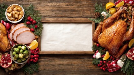 Roasted turkey ham and vibrant sides create a beautiful holiday spread on rustic wood.