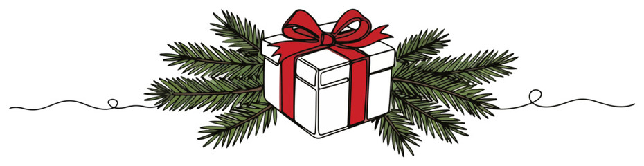 Small Christmas present garland — vector continuous line border with fir branches and red ribbon