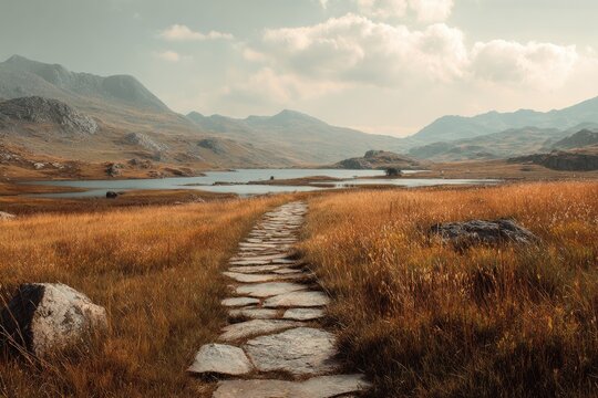 Stone path winds through golden autumnal meadow towards tranquil mountain lake under a partly cloudy sky