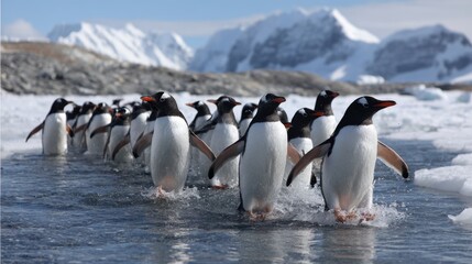Obraz premium Gentoo penguins waddle through shallow water with icebergs in the background on a sunny day.