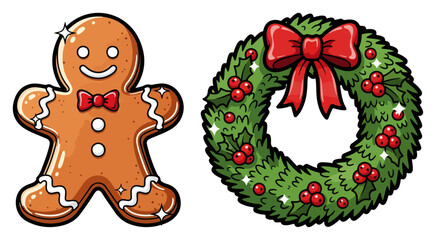 Cute Cartoon Christmas Gingerbread Man and Holiday Wreath. Vector Festive Icon Set.