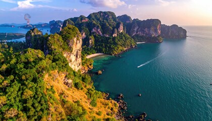 Dramatic Coastal Limestone Cliffs Bordering Turquoise Water Under a Golden Sunset Sky with Lush Green Vegetation and Distant Boats on the Horizon