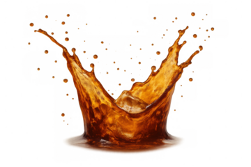 Refreshing brown liquid splash on transparent background, ice tea or cola drink pouring with droplets