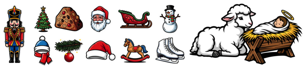 Christmas Holiday Icon Set. Collection of Colorful Cartoon Symbols. Vector Illustration.