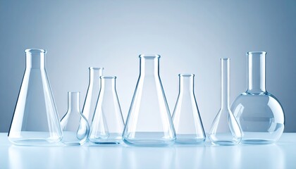 Row of Clear Glass Beakers and Flasks on Neutral Background
