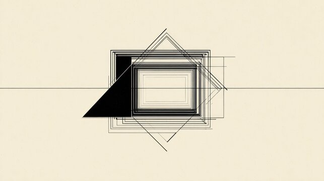 Geometric abstract squares, triangle, and horizontal lines on tan background