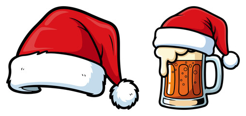 Christmas Beer Mug with Santa Hat. Funny Holiday Vector Cartoon Set.