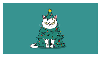 Grumpy Cat in a Christmas Tree Costume. Funny Holiday Vector Illustration.