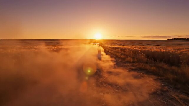 Car drives away on dusty road at sunset through golden field.