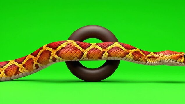 Snake and Ring: A captivating close-up of a snake slithering gracefully through a ring, showcasing the patterns and textures against a vibrant green background.