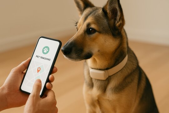 Person using a smartphone pet tracking application to locate a dog wearing a gps collar, ensuring canine safety and digital pet care at home