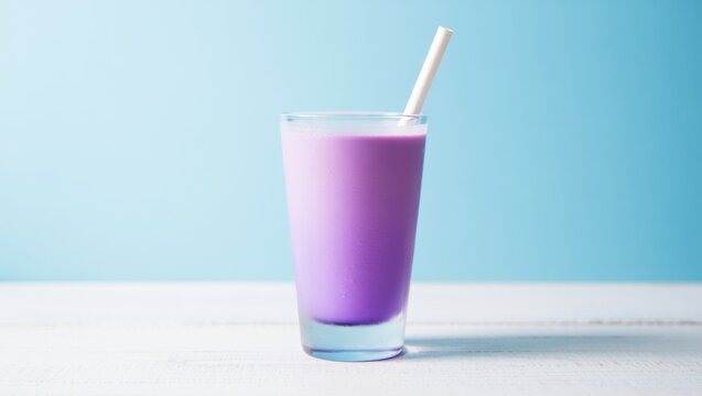 Glass of taro milk smoothie with a white straw on a rustic white wooden table against a bright blue background, depicting a healthy and refreshing drink - Powered by Adobe