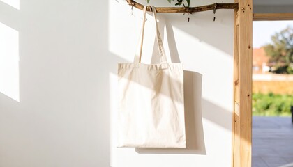 Beige Canvas Tote Bag Mockup Hanging on Wooden Rail