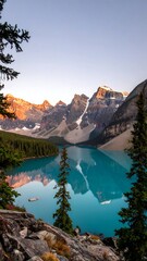 Serene landscape of turquoise lake reflecting snow-capped mountains
