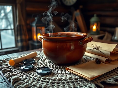 Steaming Terracotta Pot of Hot Soup on a Rustic Table with Mystical Accessories and Lantern Light