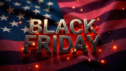 Gold textured Black Friday lettering glows over a waving United States flag in low light, evoking patriotic shopping, major sales, discounts and post Thanksgiving retail promotion