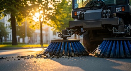 Street Sweeper at Work Cleaning Urban Roads with Rotating Brushes at Sunset